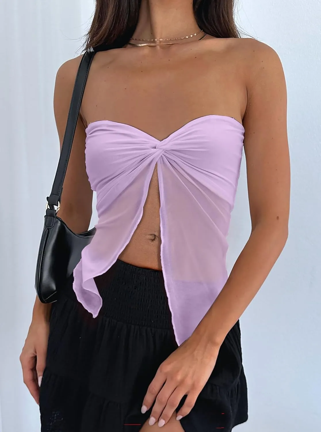 CSDAJIO Women's Sheer Mesh Twist Split Front Asymmetrical Tube Top Strapless Bandeau Crop Top Backless Shirt