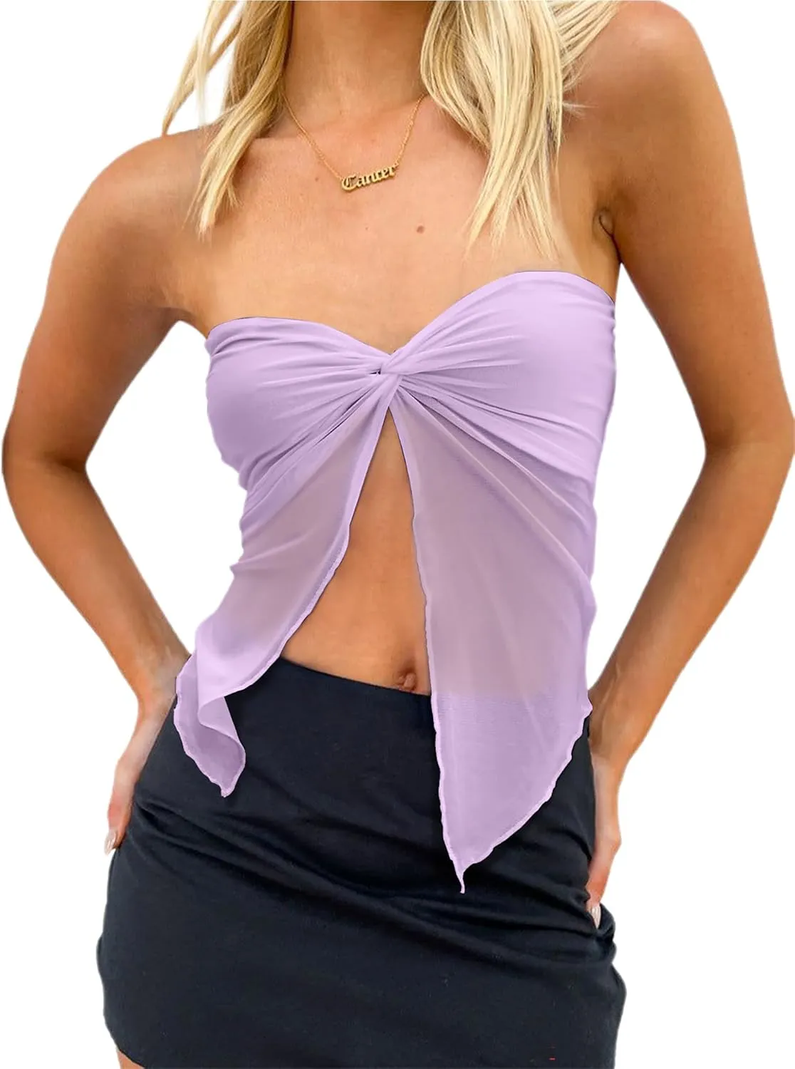 CSDAJIO Women's Sheer Mesh Twist Split Front Asymmetrical Tube Top Strapless Bandeau Crop Top Backless Shirt