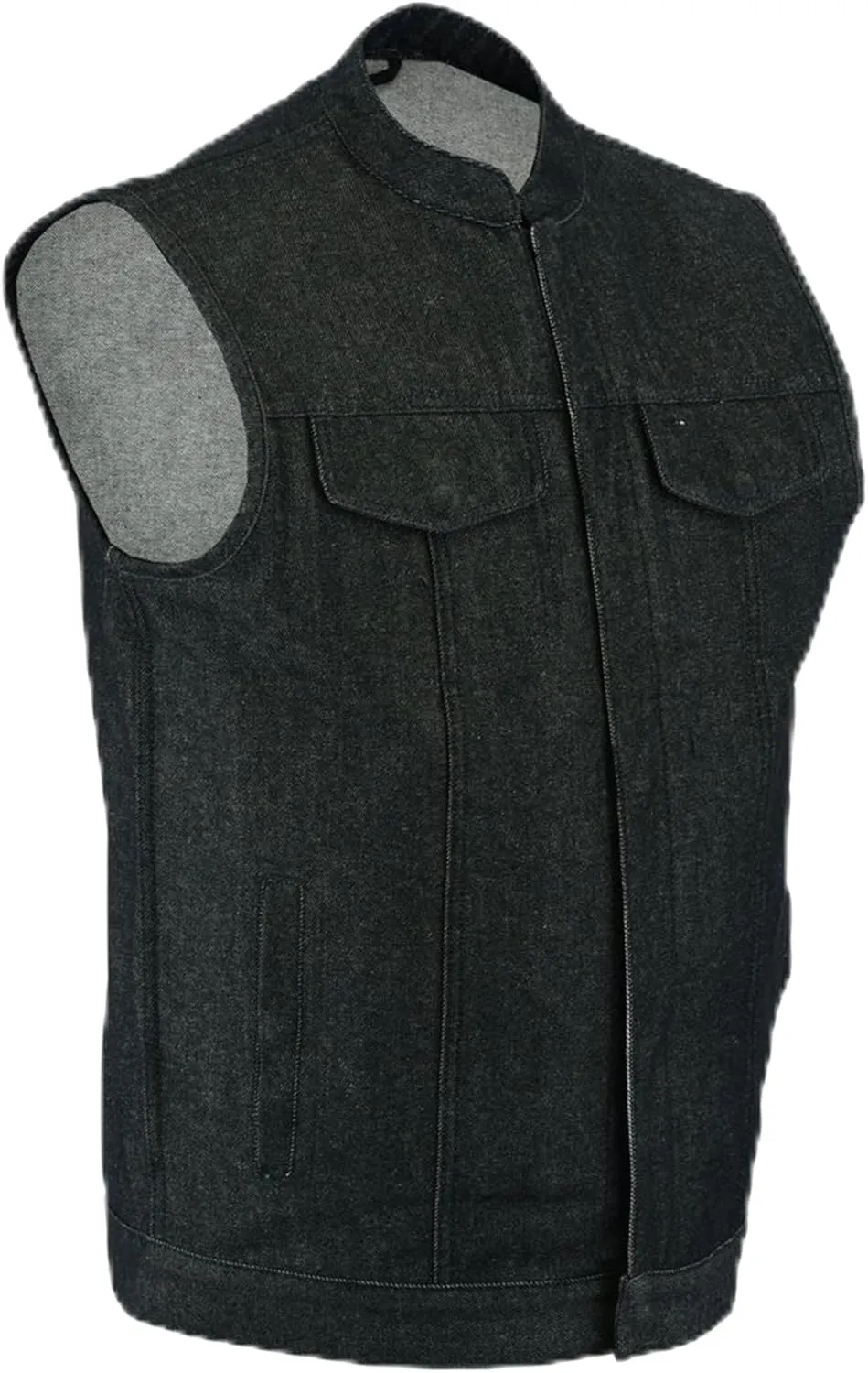 Daniel Smart Biker Vest for Men Rough Blue & Black Denim Vest with Unique Scoop Collar Design & Concealment Armory Pocket