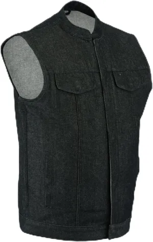 Daniel Smart Biker Vest for Men Rough Blue & Black Denim Vest with Unique Scoop Collar Design & Concealment Armory Pocket