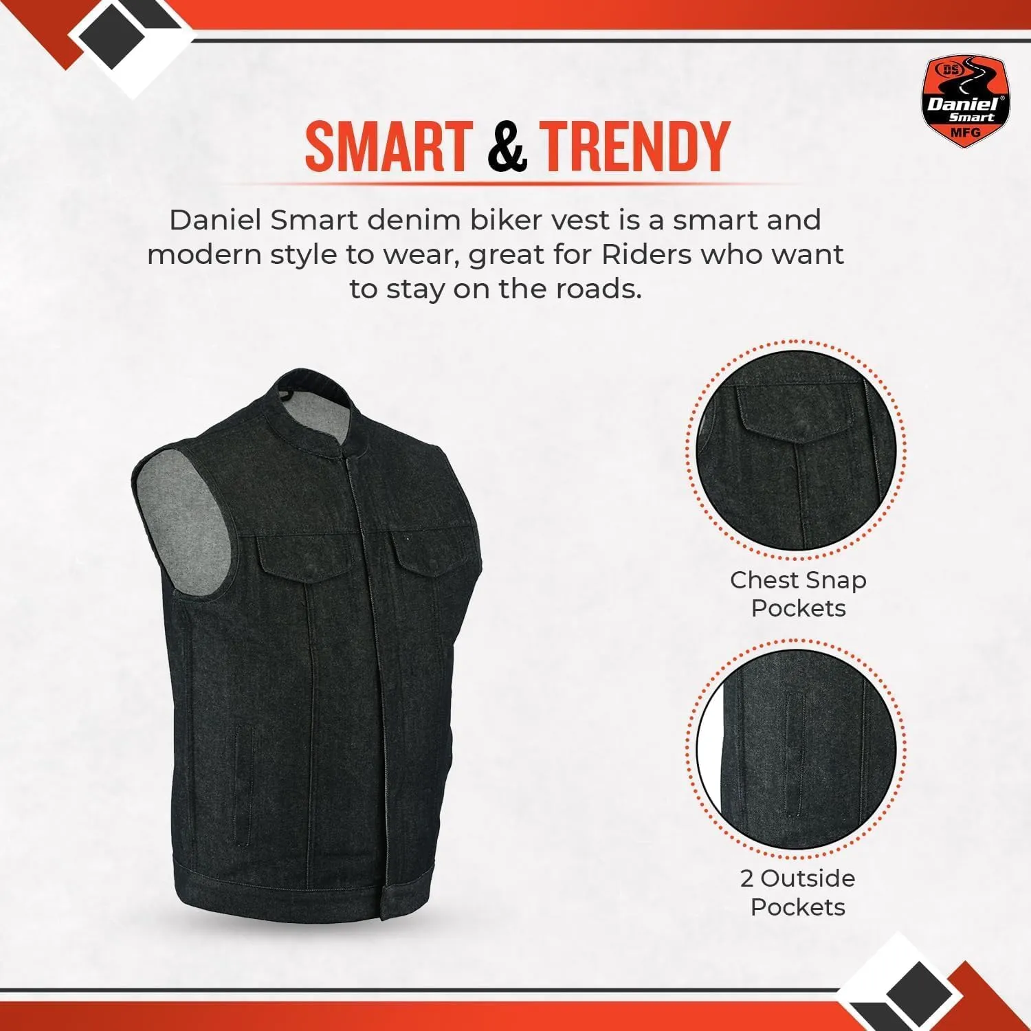 Daniel Smart Biker Vest for Men Rough Blue & Black Denim Vest with Unique Scoop Collar Design & Concealment Armory Pocket