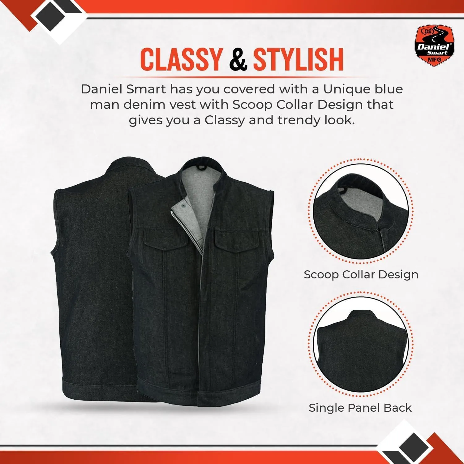 Daniel Smart Biker Vest for Men Rough Blue & Black Denim Vest with Unique Scoop Collar Design & Concealment Armory Pocket