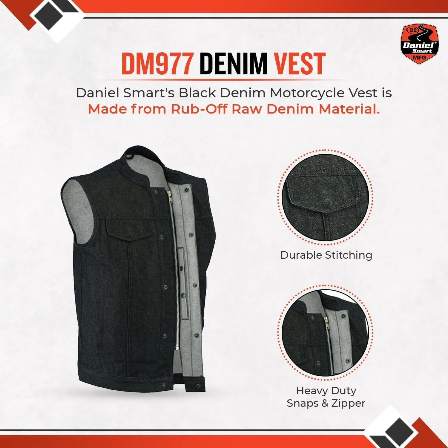 Daniel Smart Biker Vest for Men Rough Blue & Black Denim Vest with Unique Scoop Collar Design & Concealment Armory Pocket