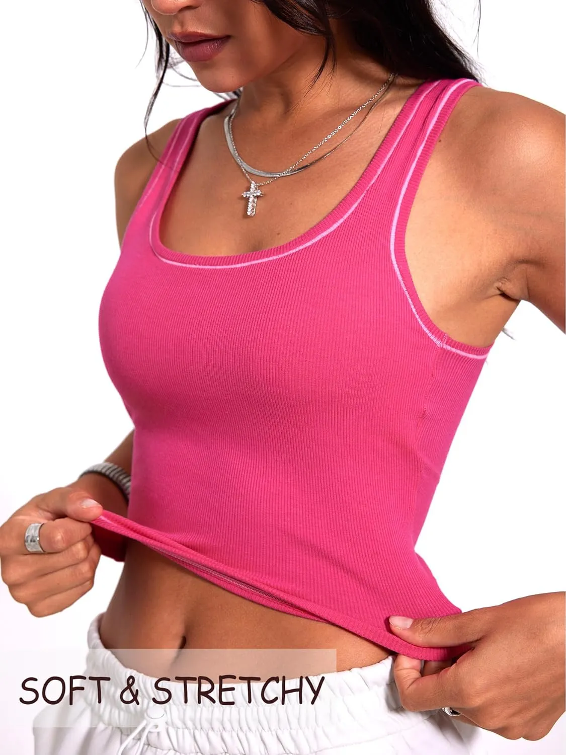Danysu Women Rib Tank Top Padded Workout Top Square Neck Crop Tank Fitted Basic Cami Tops