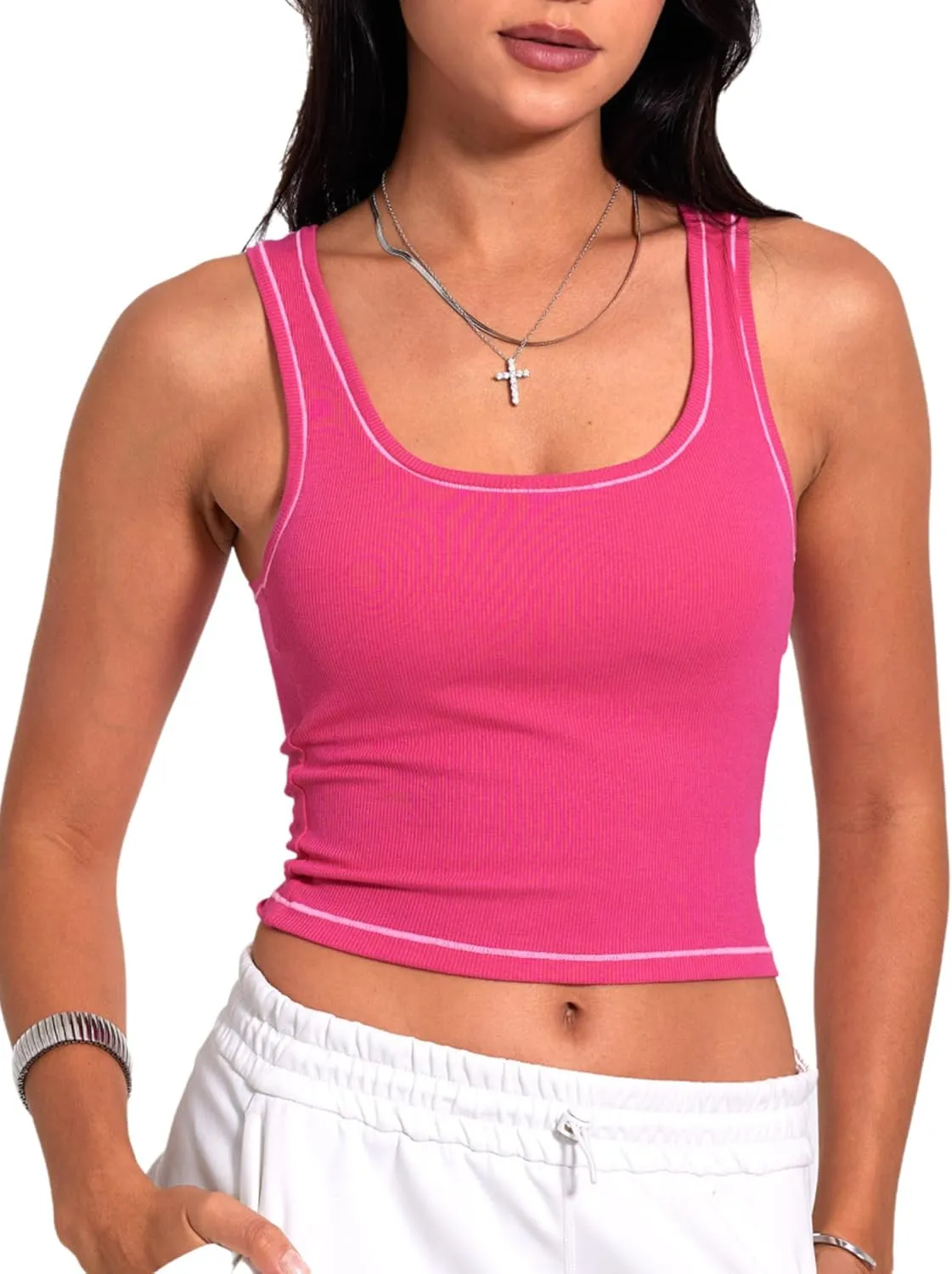Danysu Women Rib Tank Top Padded Workout Top Square Neck Crop Tank Fitted Basic Cami Tops