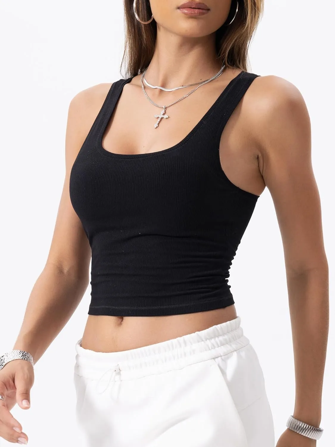 Danysu Women Rib Tank Top Padded Workout Top Square Neck Crop Tank Fitted Basic Cami Tops