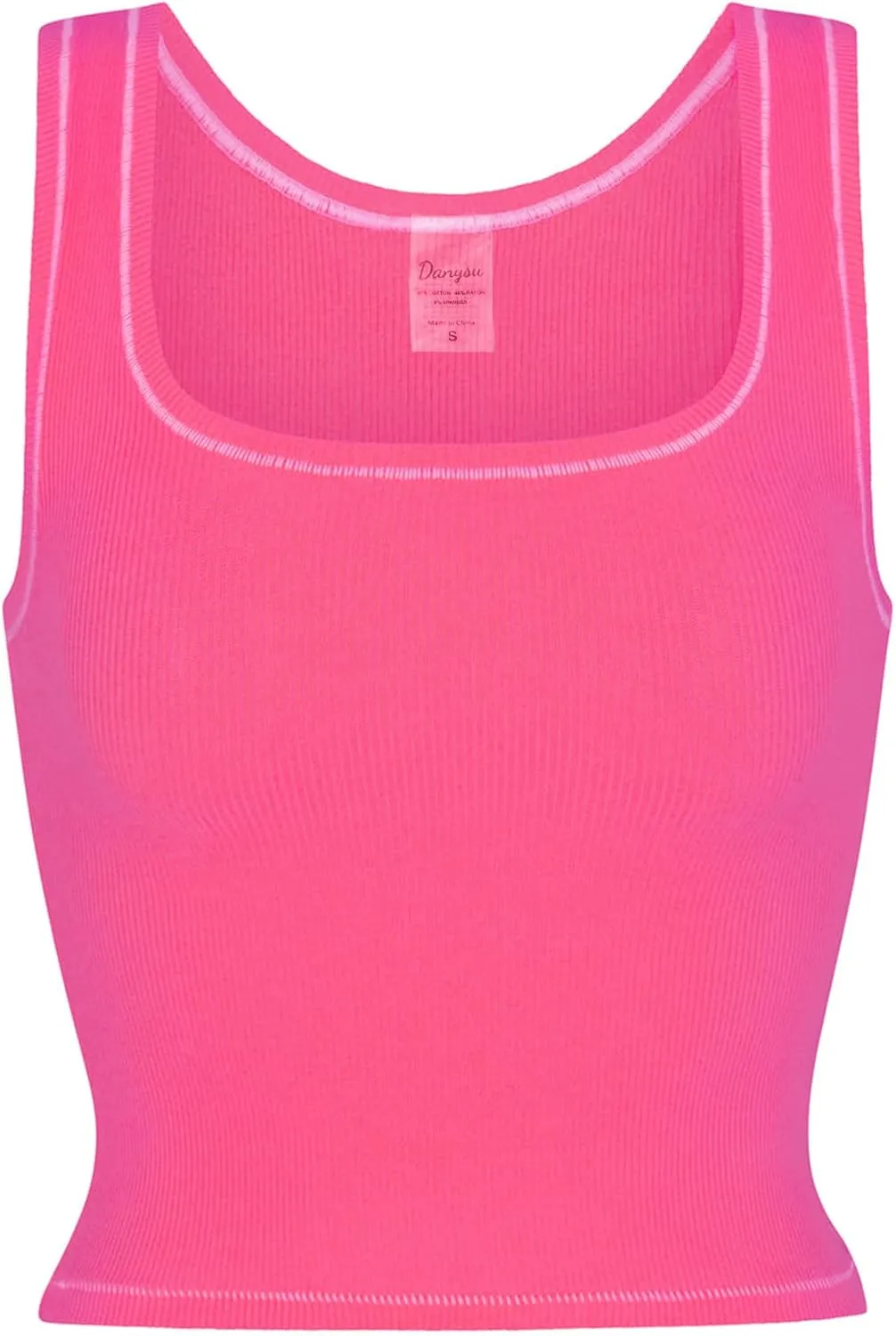 Danysu Women Rib Tank Top Padded Workout Top Square Neck Crop Tank Fitted Basic Cami Tops
