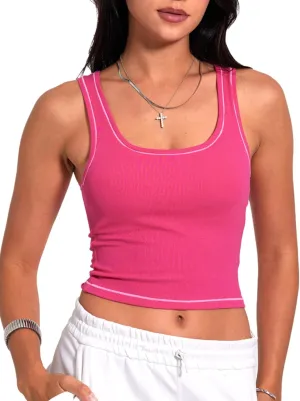 Danysu Women Rib Tank Top Padded Workout Top Square Neck Crop Tank Fitted Basic Cami Tops