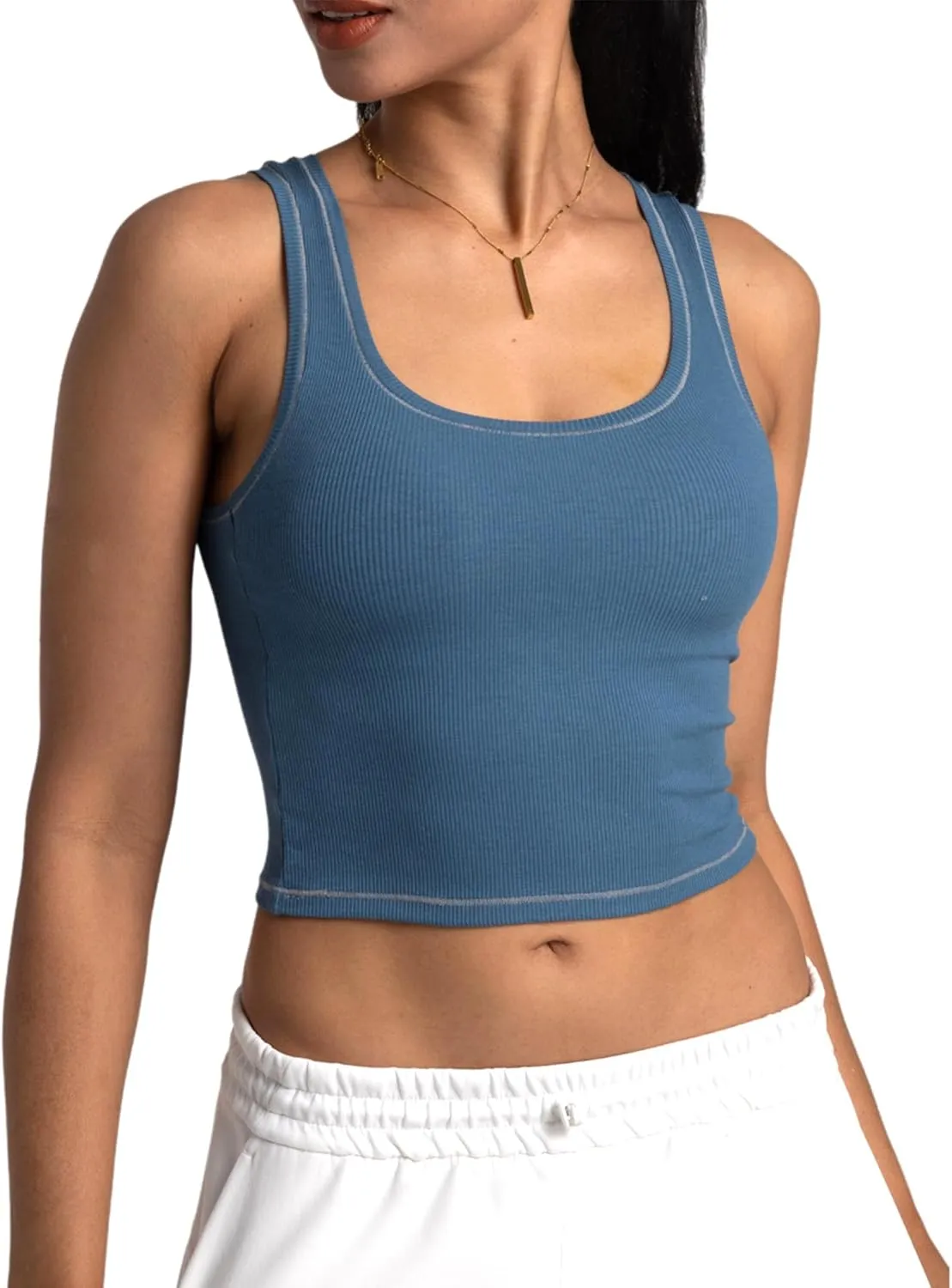 Danysu Women Rib Tank Top Padded Workout Top Square Neck Crop Tank Fitted Basic Cami Tops