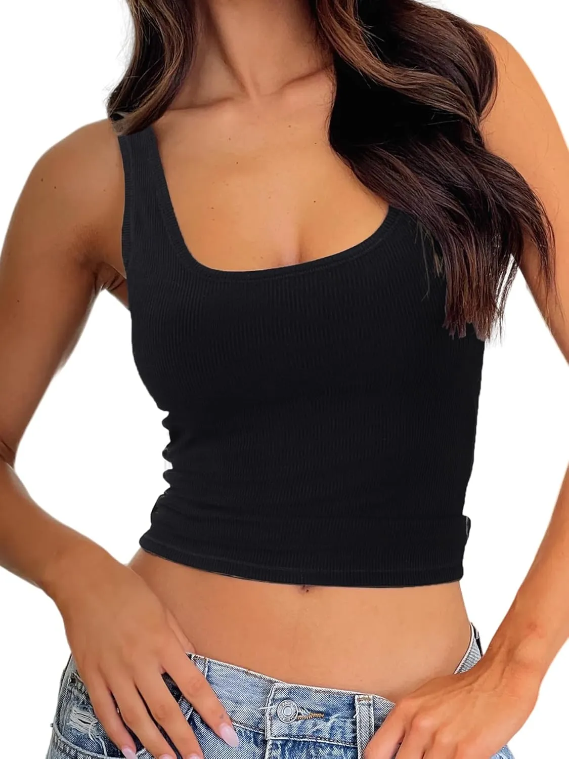 Danysu Women Rib Tank Top Padded Workout Top Square Neck Crop Tank Fitted Basic Cami Tops