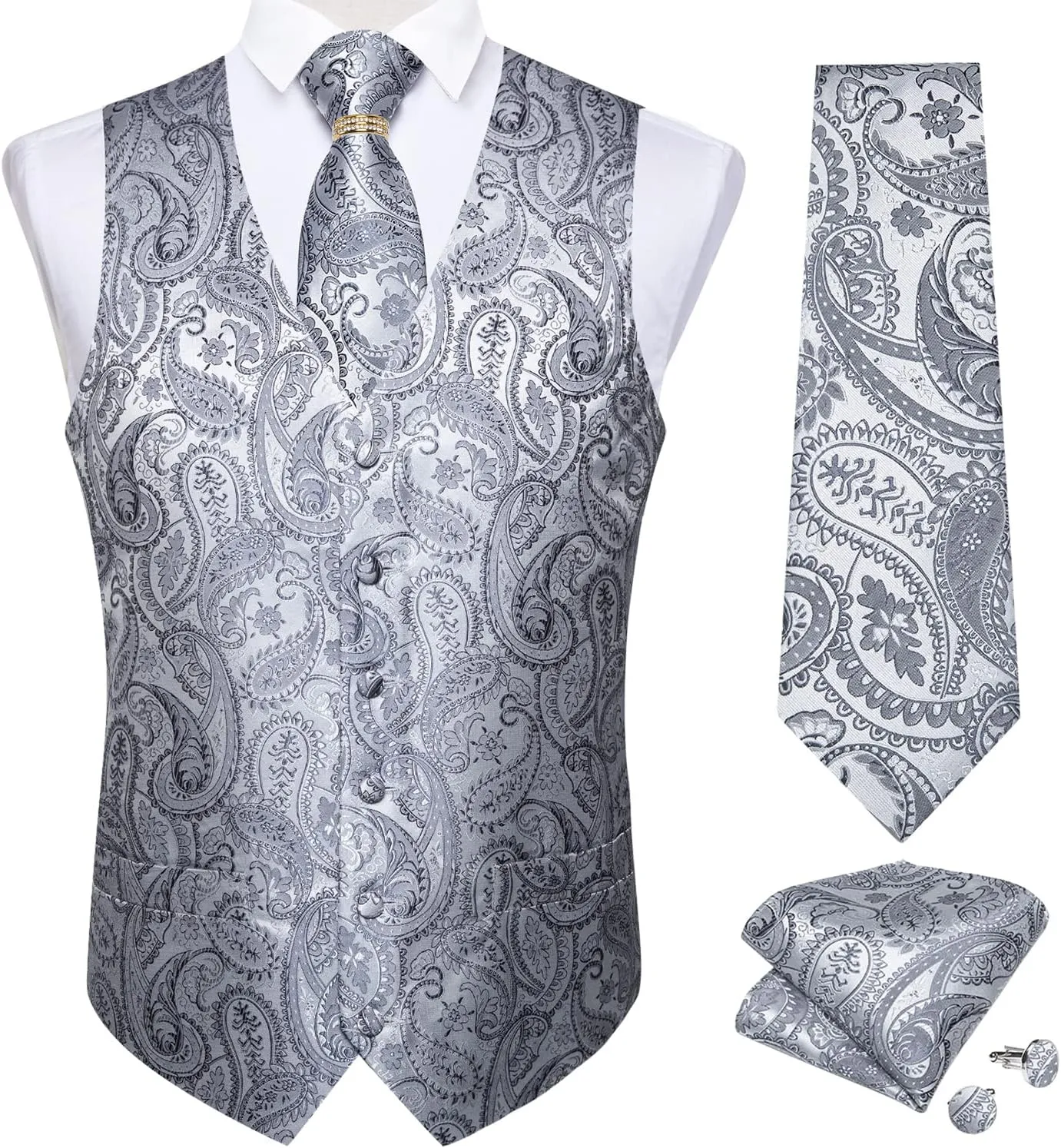 DiBanGu Men's Suit Vest Formal Men Paisley Vest Jacquard Tie Waistcoat Hanky Set With Tie Ring Wedding Party 5PCS
