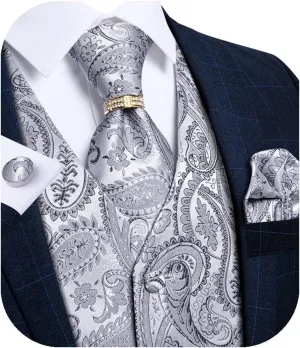 DiBanGu Men's Suit Vest Formal Men Paisley Vest Jacquard Tie Waistcoat Hanky Set With Tie Ring Wedding Party 5PCS
