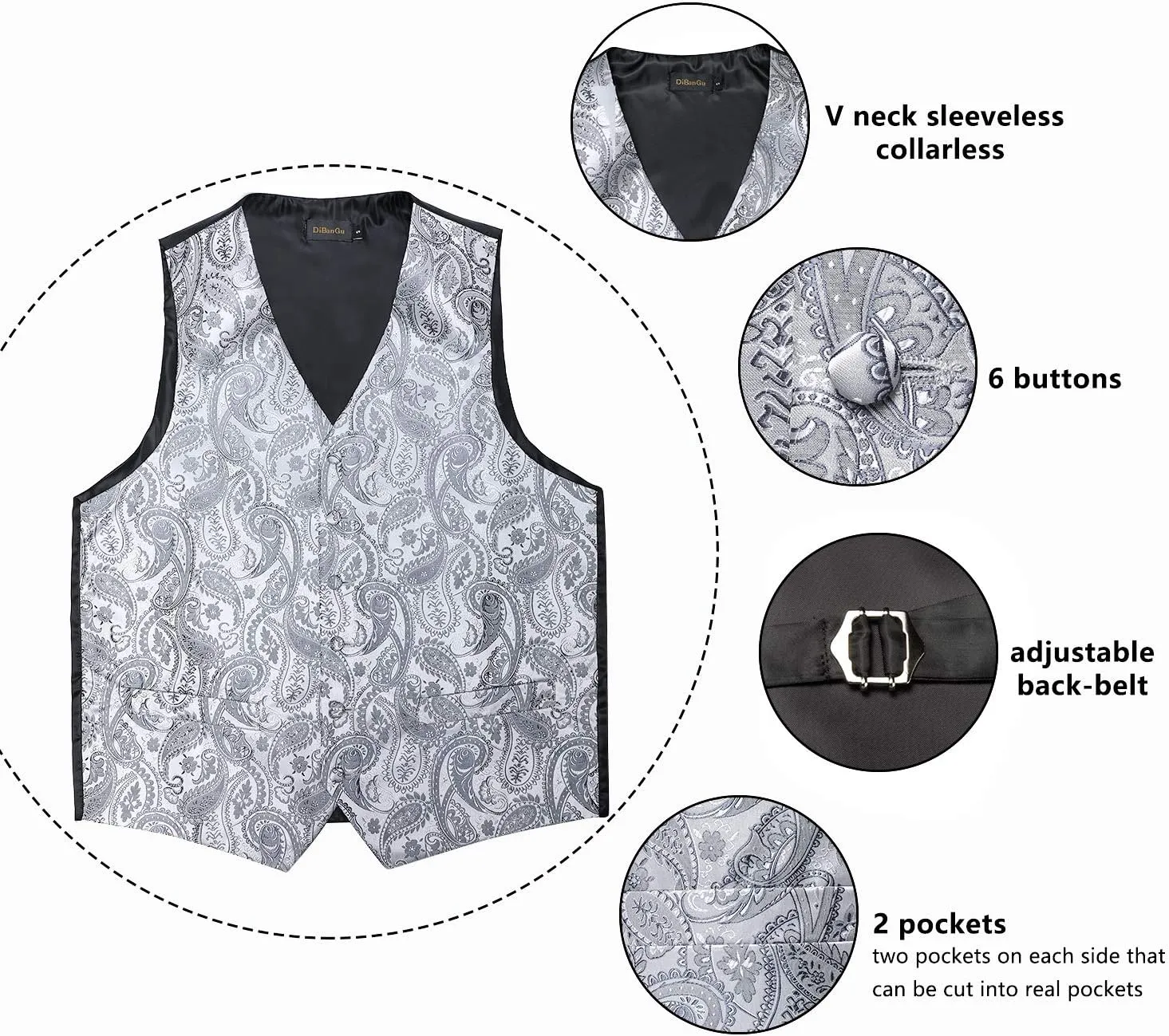 DiBanGu Men's Suit Vest Formal Men Paisley Vest Jacquard Tie Waistcoat Hanky Set With Tie Ring Wedding Party 5PCS