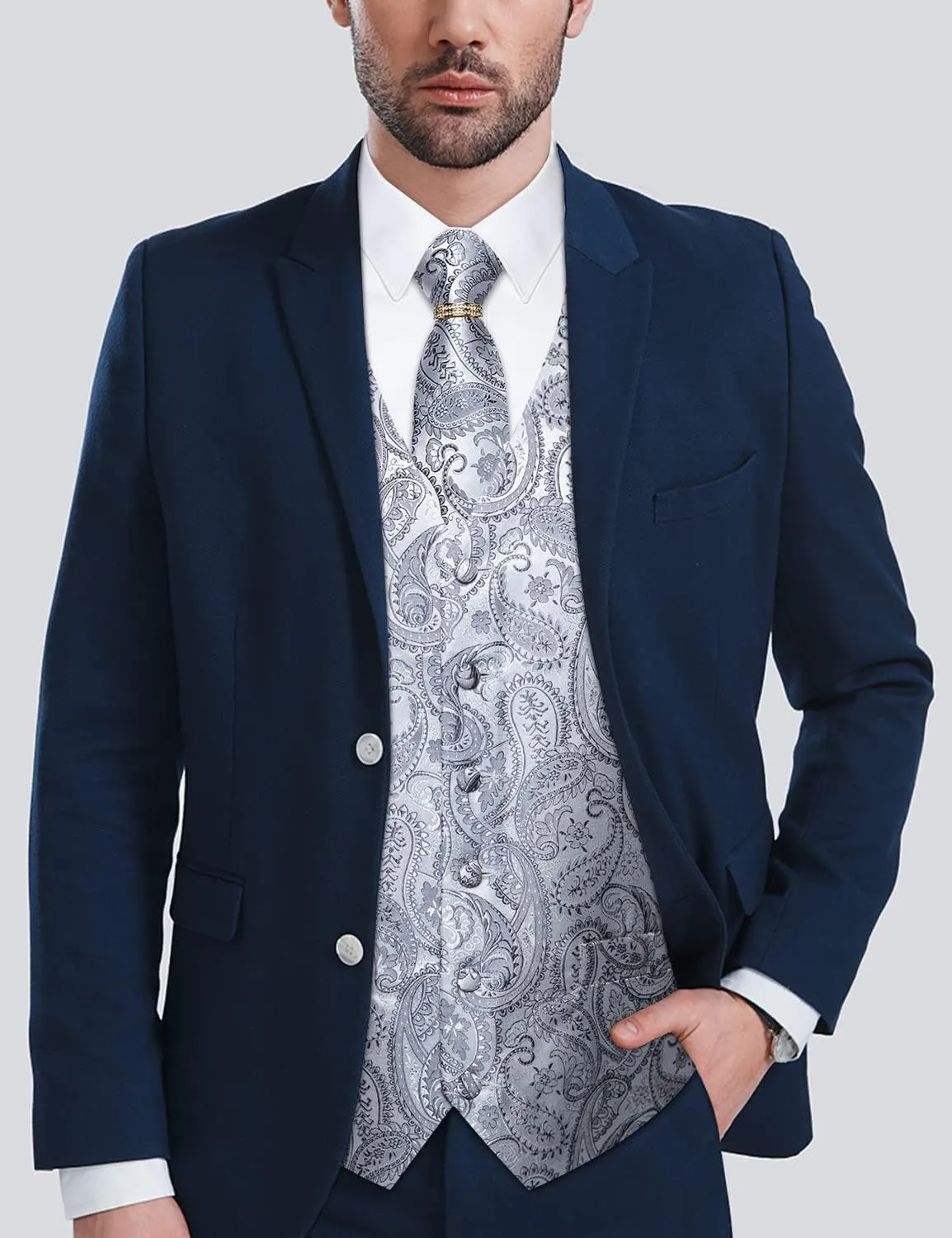 DiBanGu Men's Suit Vest Formal Men Paisley Vest Jacquard Tie Waistcoat Hanky Set With Tie Ring Wedding Party 5PCS