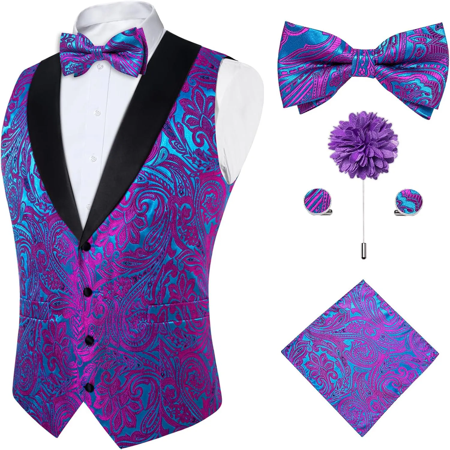 DiBanGu Mens Vest and Bowtie Set Silk Paisley Waistcoat and Bowtie Pocket Square Cufflinks with Lapel Pin for Wedding Party