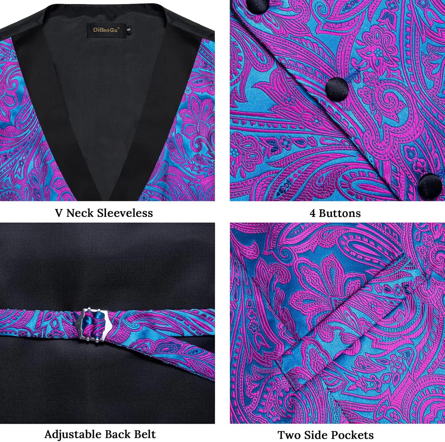 DiBanGu Mens Vest and Bowtie Set Silk Paisley Waistcoat and Bowtie Pocket Square Cufflinks with Lapel Pin for Wedding Party