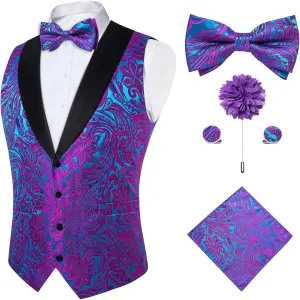 DiBanGu Mens Vest and Bowtie Set Silk Paisley Waistcoat and Bowtie Pocket Square Cufflinks with Lapel Pin for Wedding Party