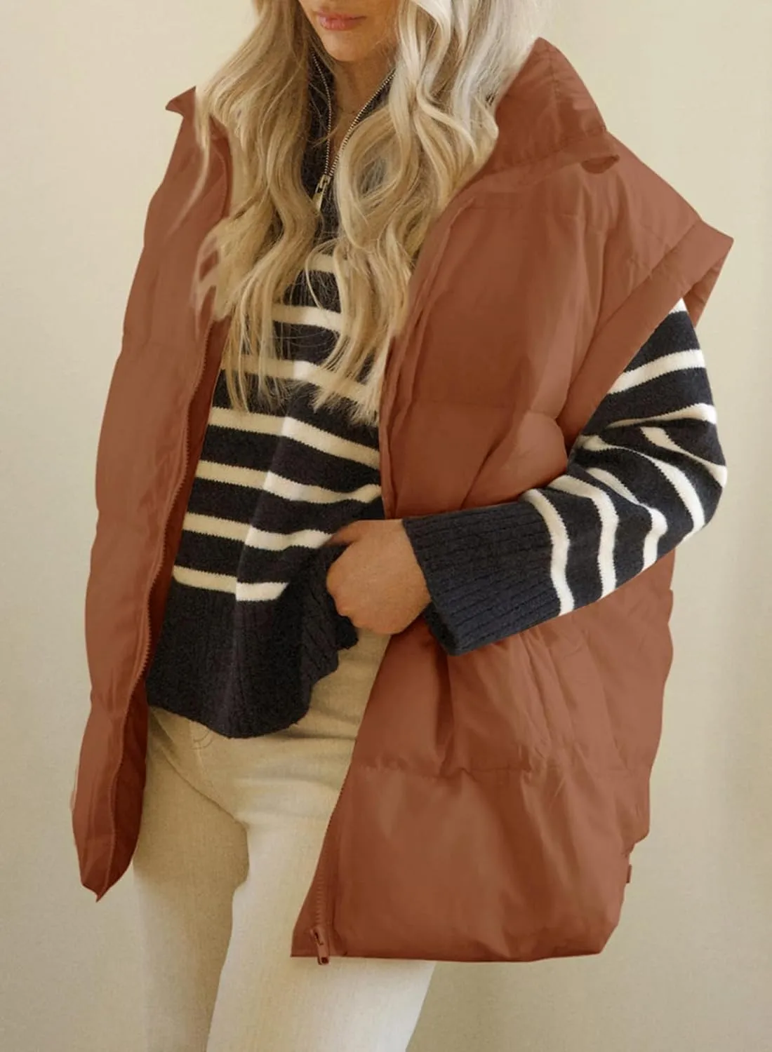 Dokotoo Women's Casual Winter Oversized Puffer Vest Stand Collar Flysleeve Insulated Padded Puffy Jackets Coat with Pockets