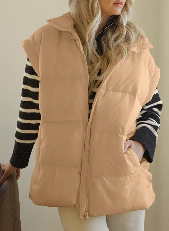 Dokotoo Women's Casual Winter Oversized Puffer Vest Stand Collar Flysleeve Insulated Padded Puffy Jackets Coat with Pockets