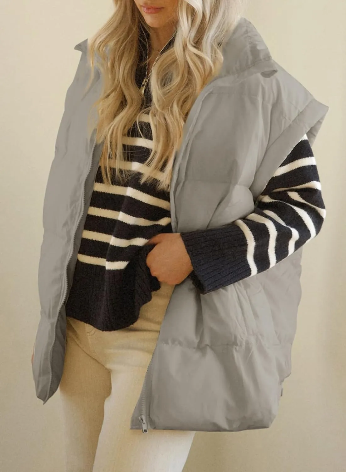 Dokotoo Women's Casual Winter Oversized Puffer Vest Stand Collar Flysleeve Insulated Padded Puffy Jackets Coat with Pockets