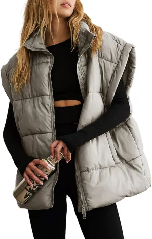 Dokotoo Women's Casual Winter Oversized Puffer Vest Stand Collar Flysleeve Insulated Padded Puffy Jackets Coat with Pockets