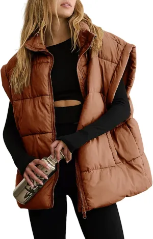 Dokotoo Women's Casual Winter Oversized Puffer Vest Stand Collar Flysleeve Insulated Padded Puffy Jackets Coat with Pockets