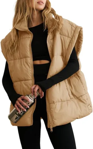 Dokotoo Women's Casual Winter Oversized Puffer Vest Stand Collar Flysleeve Insulated Padded Puffy Jackets Coat with Pockets