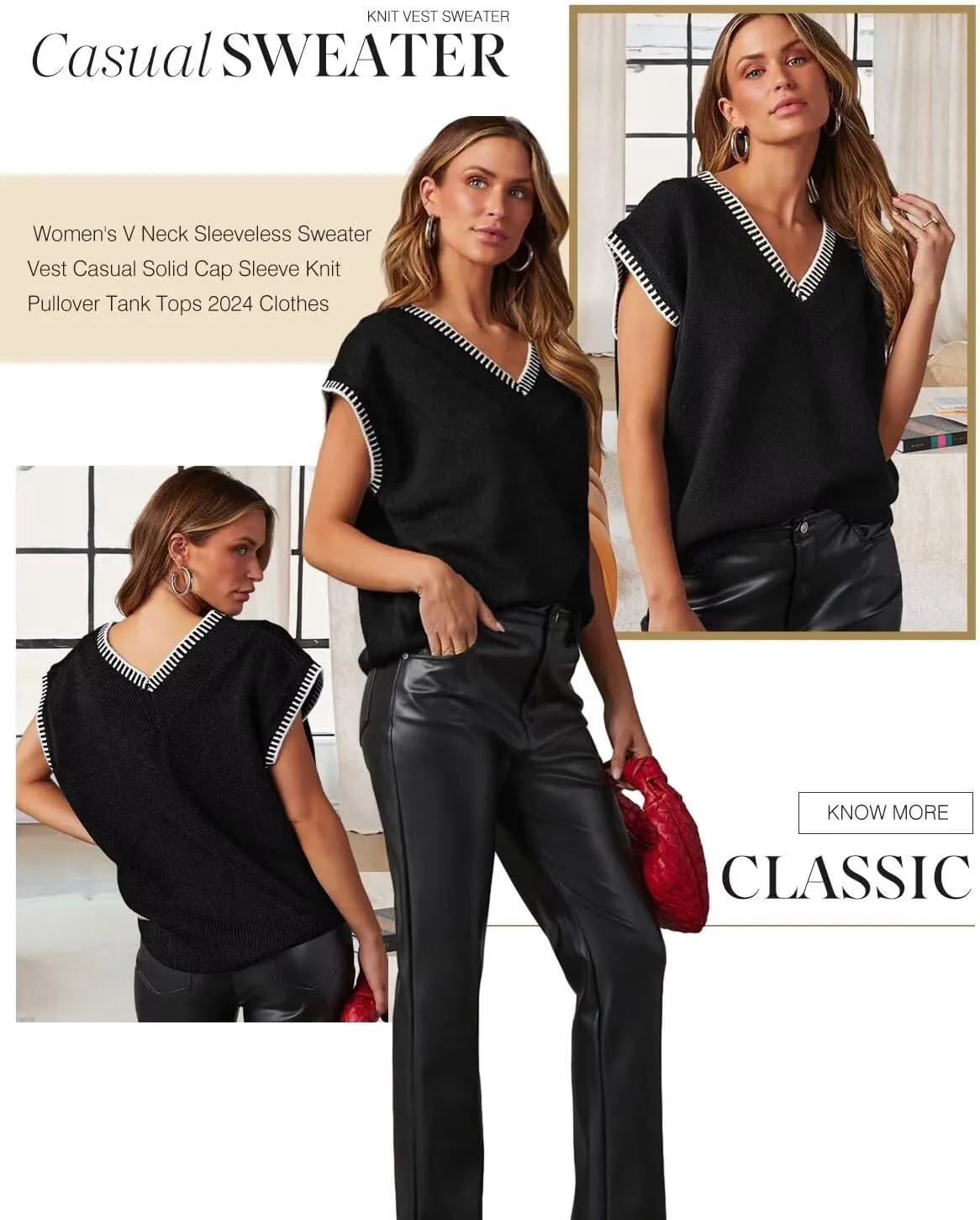 Dokotoo Women's V Neck Sleeveless Sweater Vest Casual Solid Cap Sleeve Knit Pullover Tank Tops 2024 Clothes
