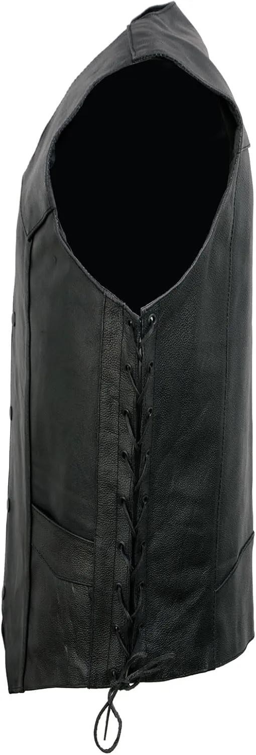 EL5315TALL Black Motorcycle Leather Vest for Men's Tall Sizes Riding Club Adult Motorcycle Vests