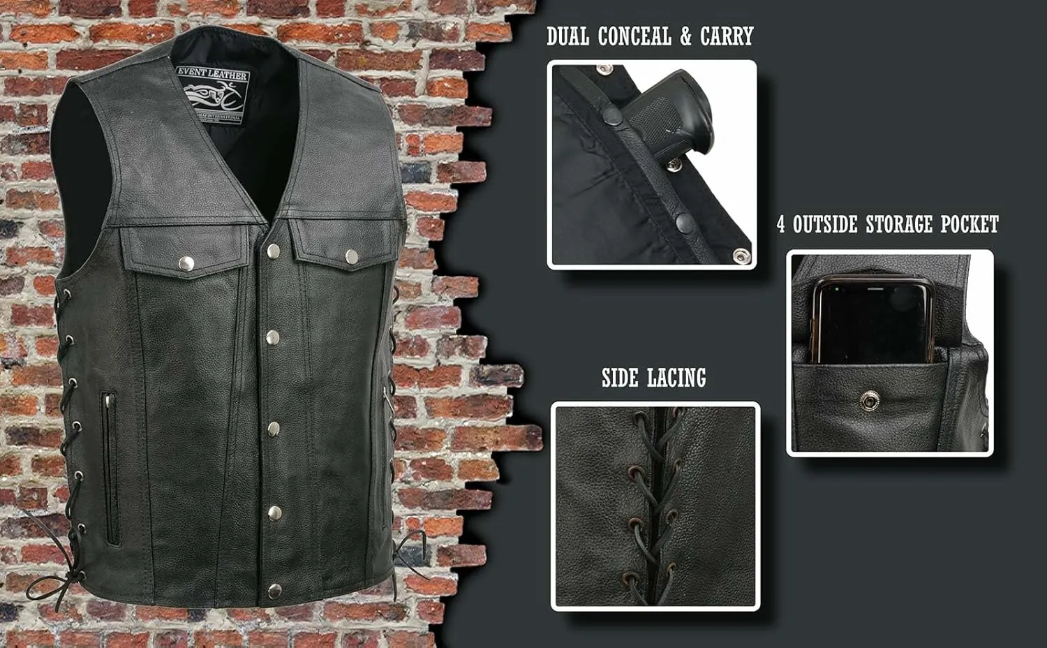 EL5360 Black Motorcycle Leather Vest with Denim Style Pockets -Riding Club Adult Vests