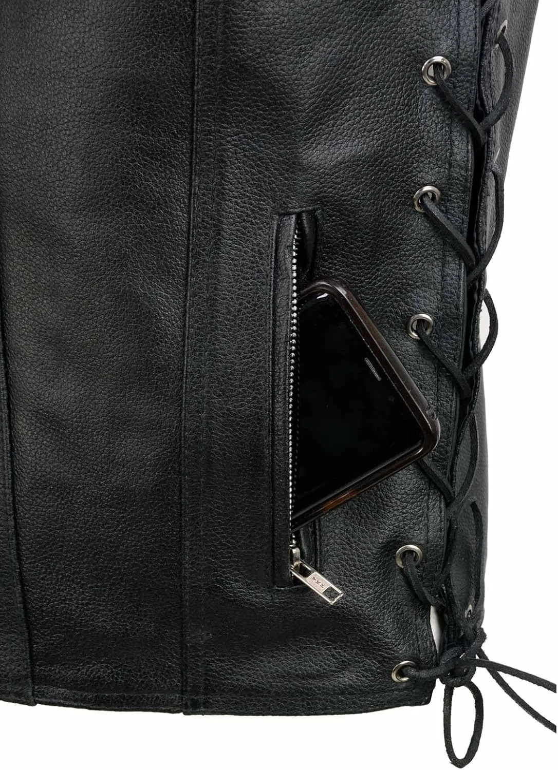EL5360 Black Motorcycle Leather Vest with Denim Style Pockets -Riding Club Adult Vests