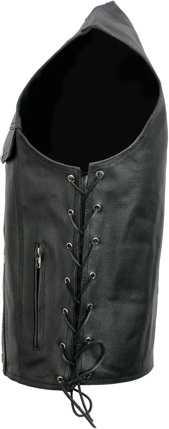 EL5360 Black Motorcycle Leather Vest with Denim Style Pockets -Riding Club Adult Vests