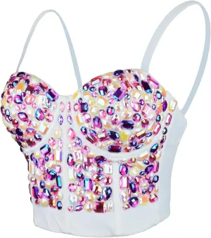 ELLACCI Women's Sexy Rhinestone Bustier Crop Top Club Party Glitter Corset Top Bra Purple