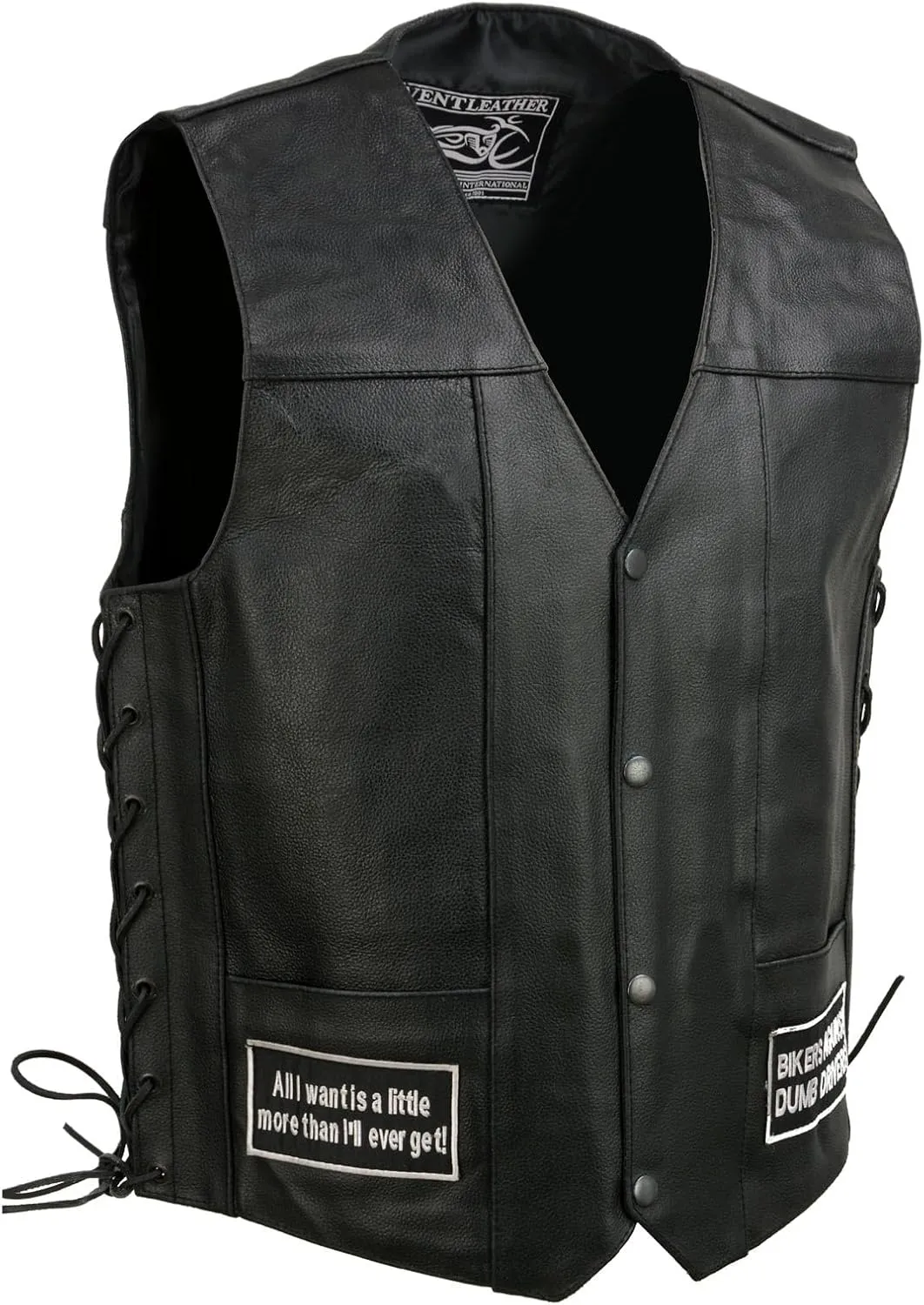 ELM3925 Black Motorcycle Leather Vest for Men w/Patches - Riding Club Adult Motorcycle Vests
