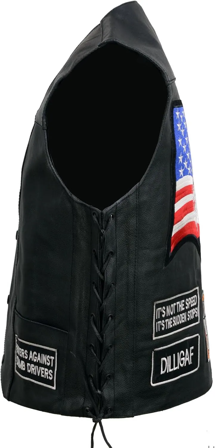 ELM3925 Black Motorcycle Leather Vest for Men w/Patches - Riding Club Adult Motorcycle Vests
