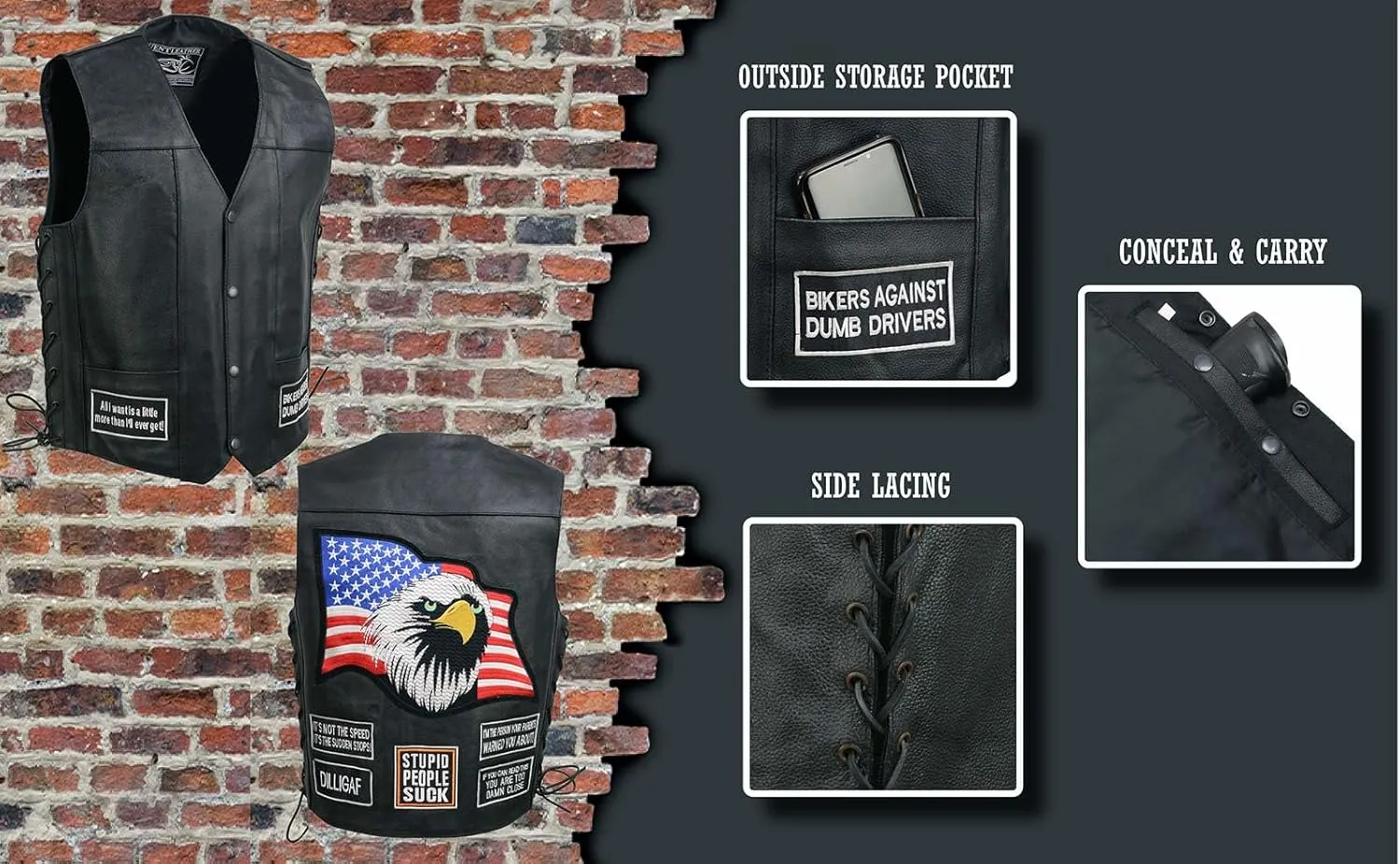 ELM3925 Black Motorcycle Leather Vest for Men w/Patches - Riding Club Adult Motorcycle Vests