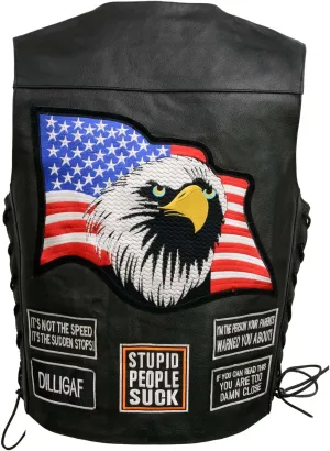 ELM3925 Black Motorcycle Leather Vest for Men w/Patches - Riding Club Adult Motorcycle Vests