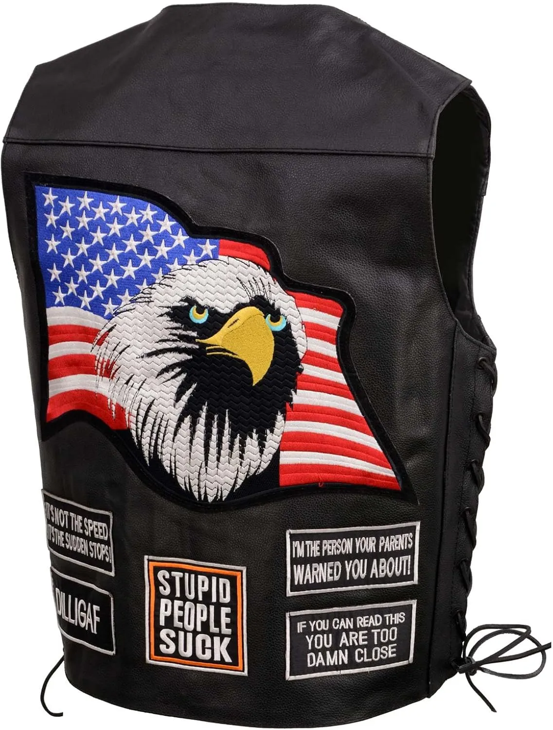 ELM3925 Black Motorcycle Leather Vest for Men w/Patches - Riding Club Adult Motorcycle Vests