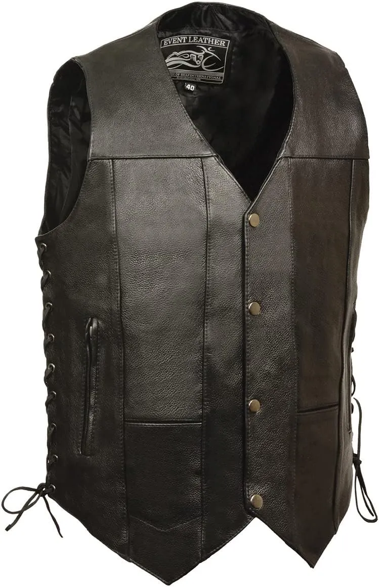 Event leather EL5391 Black Motorcycle Leather Vest for Men w/ 10 Pockets- Riding Club Adult Motorcycle Vests-3X
