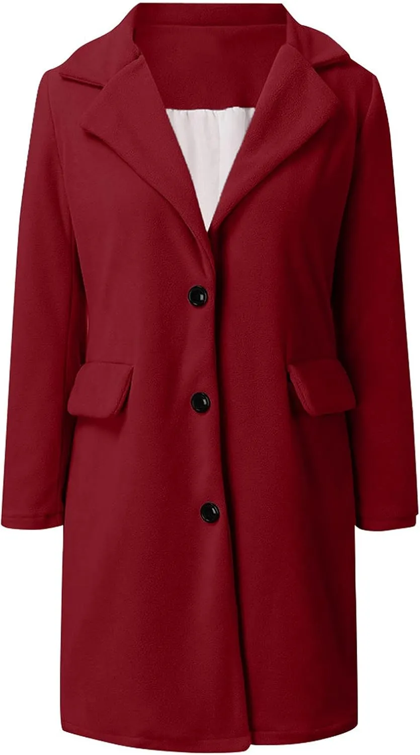 Fall Trench Coats for Women 2024 Casual Notch Lapel Single-Breasted Pea Coats Wool Blend Warm Winter Coats