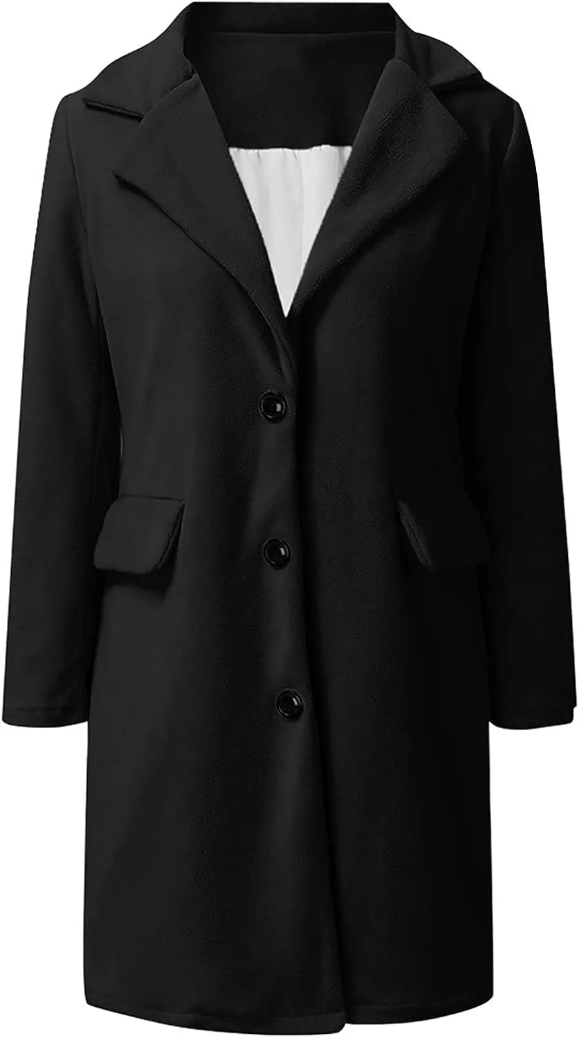 Fall Trench Coats for Women 2024 Casual Notch Lapel Single-Breasted Pea Coats Wool Blend Warm Winter Coats