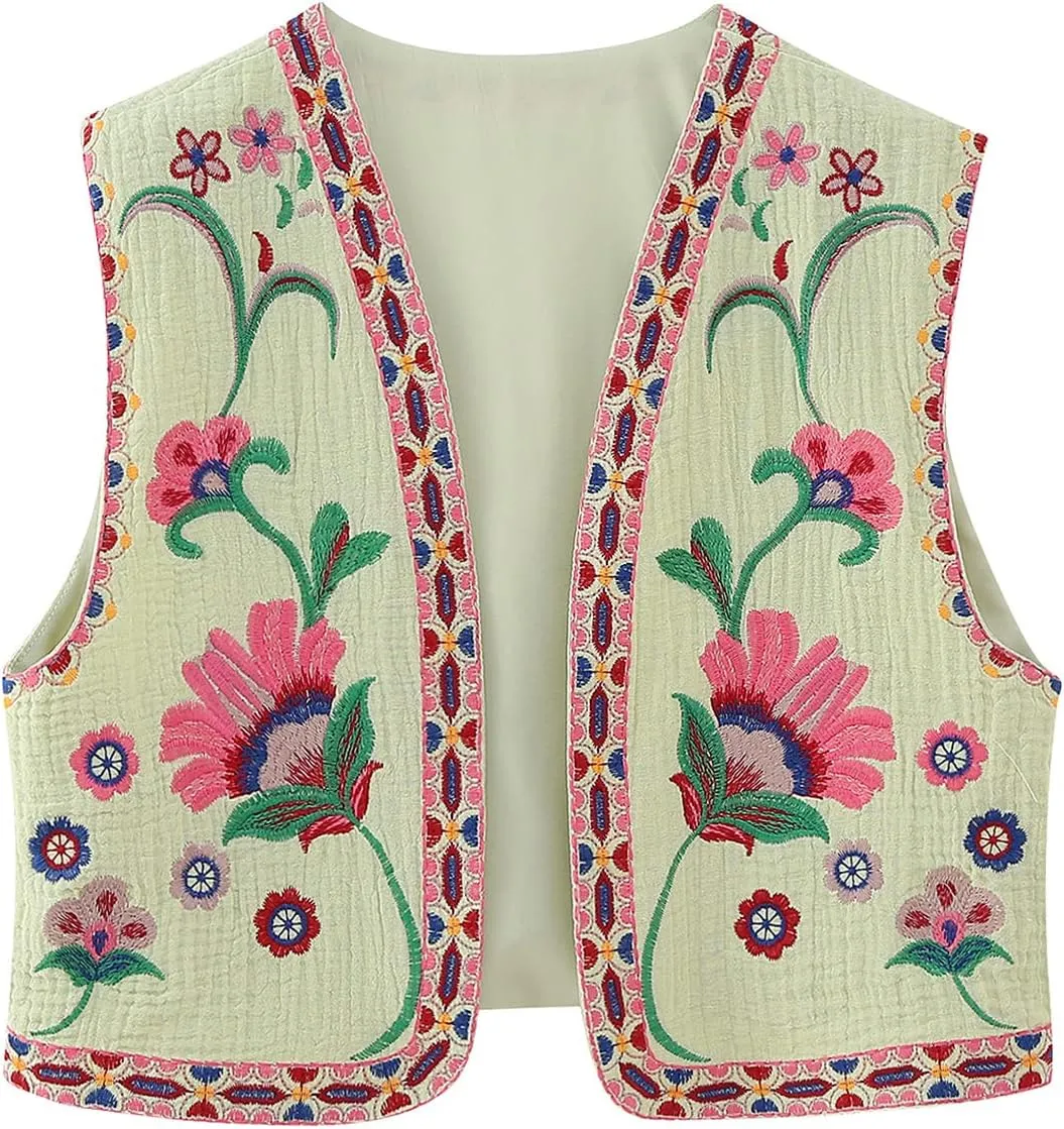 Faretumiya Women Sleeveless Cardigan Crop Top Graphic Embroidery Open Front Waistcoat Retro Slim Cropped Tank Vest