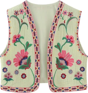 Faretumiya Women Sleeveless Cardigan Crop Top Graphic Embroidery Open Front Waistcoat Retro Slim Cropped Tank Vest