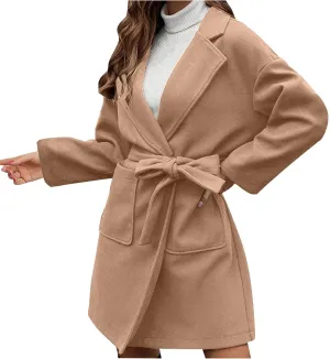 fartey Womens Winter Coats Wool Blend Pea Coats Casual Notch Lapel Double-Breasted Mid Trench Coats Overcoats Outwear