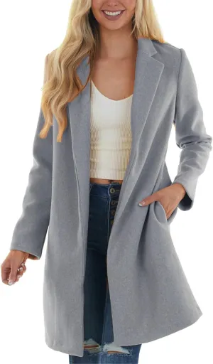 fartey Womens Winter Trench Coats Notched Lapel Collar Open Front Wool Coats Mid Long Oversized Pea Coat Outwear