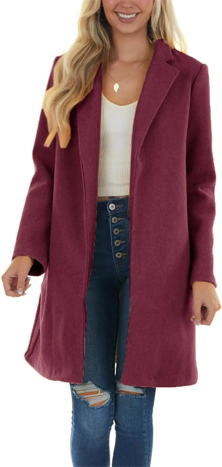 fartey Womens Winter Trench Coats Notched Lapel Collar Open Front Wool Coats Mid Long Oversized Pea Coat Outwear
