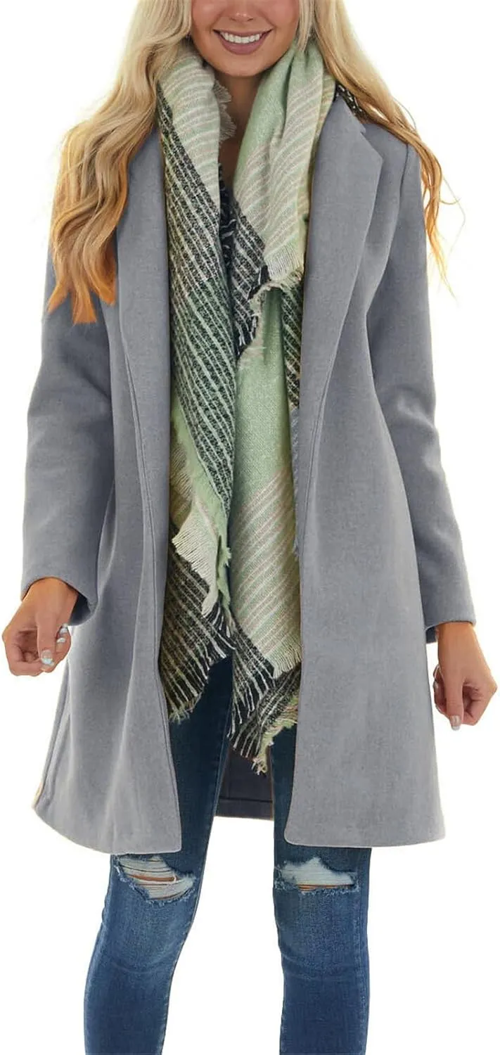 fartey Womens Winter Trench Coats Notched Lapel Collar Open Front Wool Coats Mid Long Oversized Pea Coat Outwear
