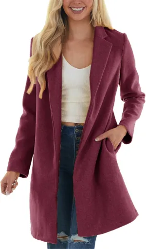 fartey Womens Winter Trench Coats Notched Lapel Collar Open Front Wool Coats Mid Long Oversized Pea Coat Outwear