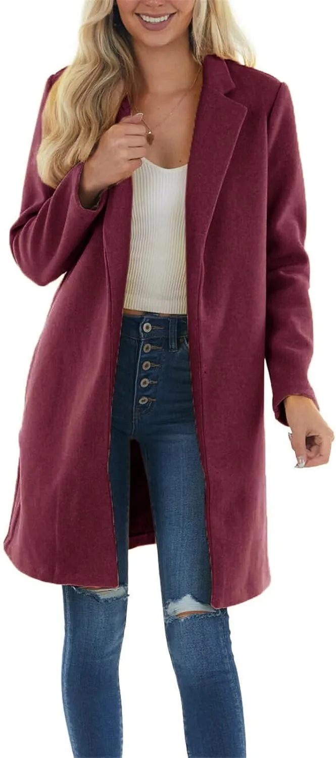 fartey Womens Winter Trench Coats Notched Lapel Collar Open Front Wool Coats Mid Long Oversized Pea Coat Outwear