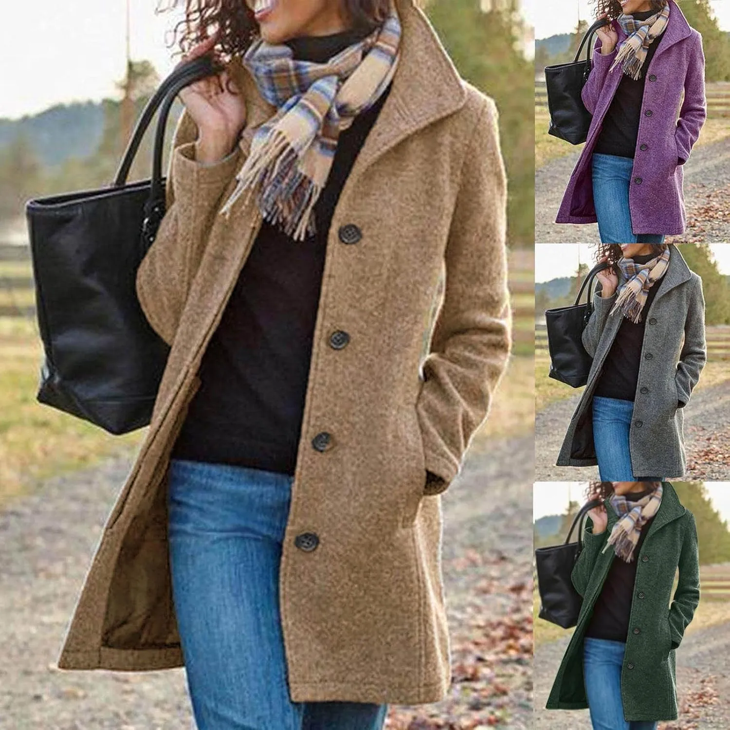 fartey Womens Winter Wool Trench Coat Oversized Single Breast Notched Collar Overcoats Thicken Warm Office Pea Coat Jackets